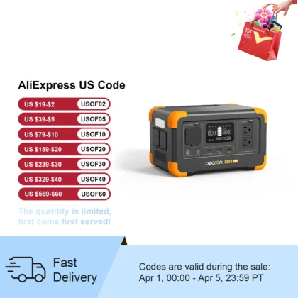 Pecron E300LFP Portable Power Station 600W 288Wh LiFePO4 Battery Solar Generator Power Bank Fast Charging for Home , RV, Camping