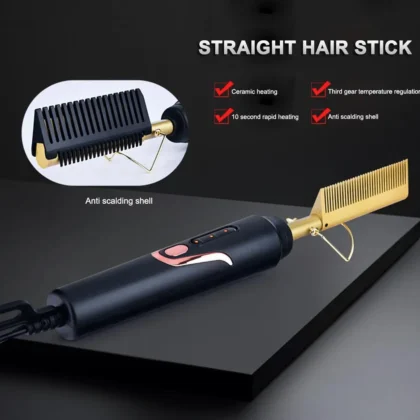 Mini Hot Comb Rechargeable Electric Straightening Comb 3 Gear Temperature Hair Straightener Brush Quick & Dry Use for Hair Style